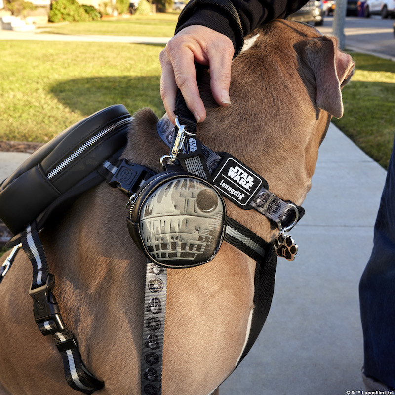 Brown-gray dog wearing the Darth Vader mini backpack harness and the Darth Vader dog collar. The human owner has their hand on the dog's head, holding the Darth Vader leash and the Death Star Treat & Disposable Bag Holder 